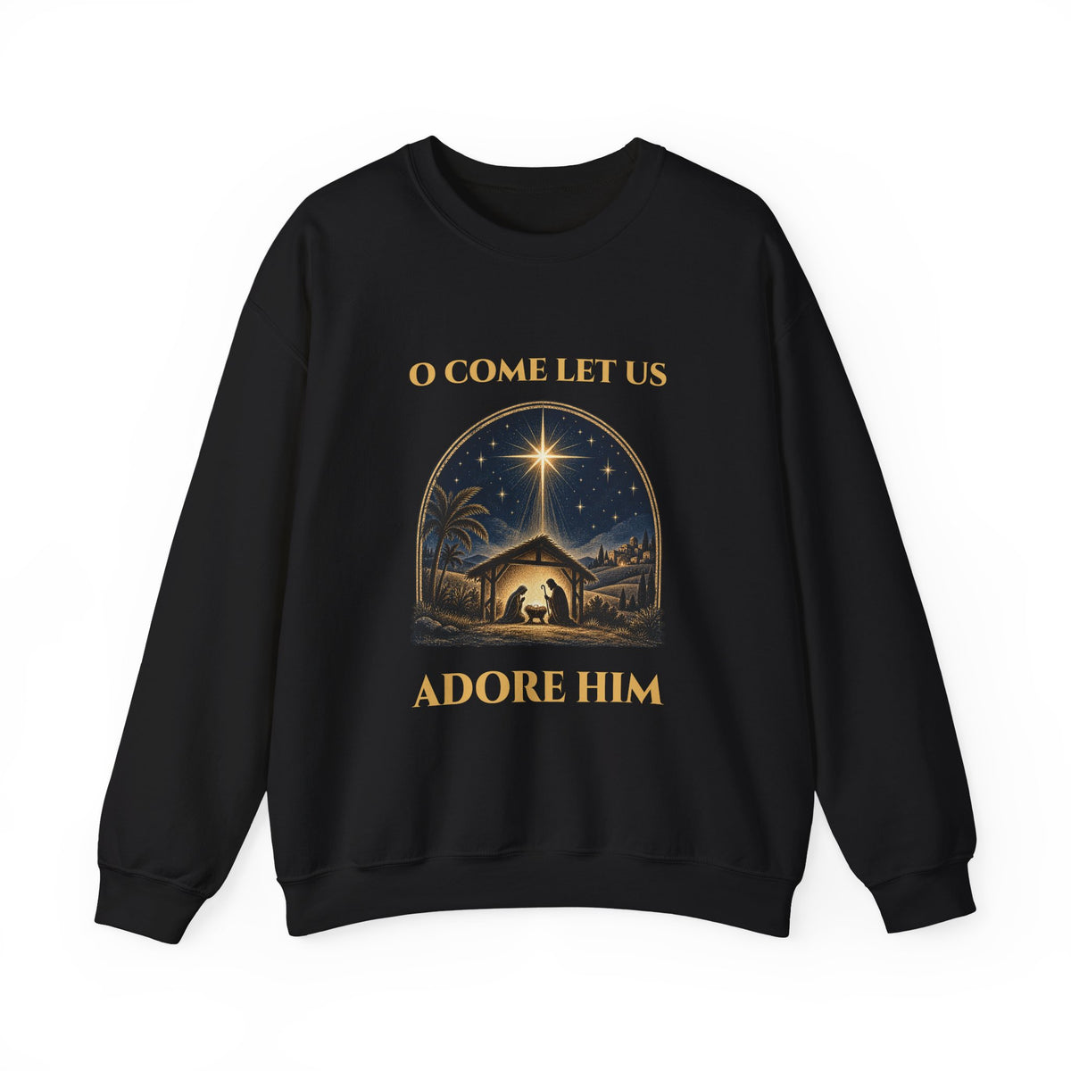 Black O Come Let Us Adore Him sweatshirt with a vintage nativity scene under the star of Bethlehem, front view