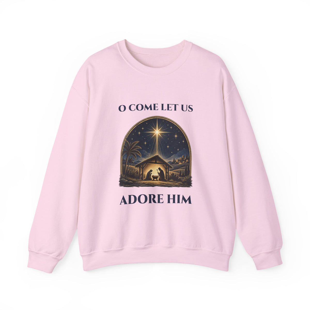 Light Pink O Come Let Us Adore Him sweatshirt with a vintage nativity scene under the star of Bethlehem, front view