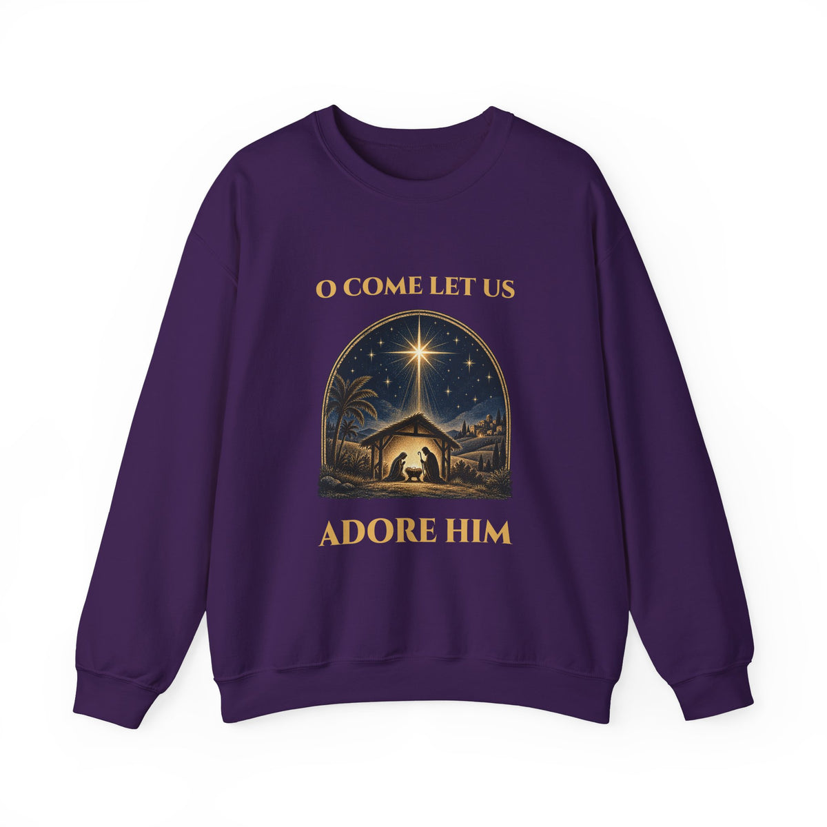 Purple O Come Let Us Adore Him sweatshirt with a vintage nativity scene under the star of Bethlehem, front view
