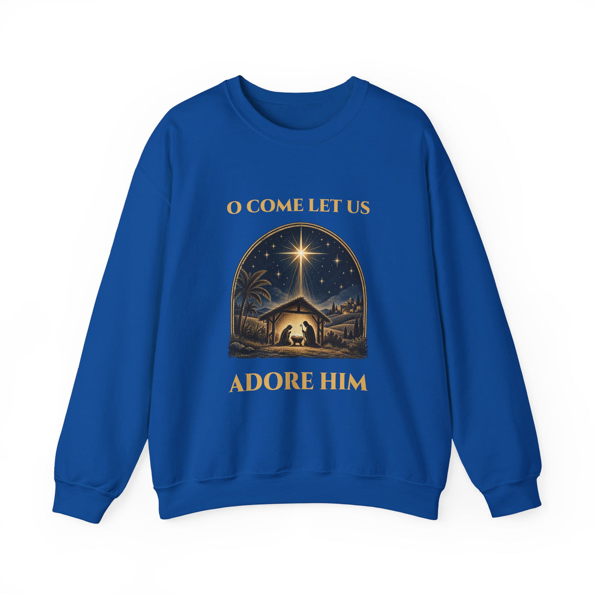 Royal O Come Let Us Adore Him sweatshirt with a vintage nativity scene under the star of Bethlehem, front view