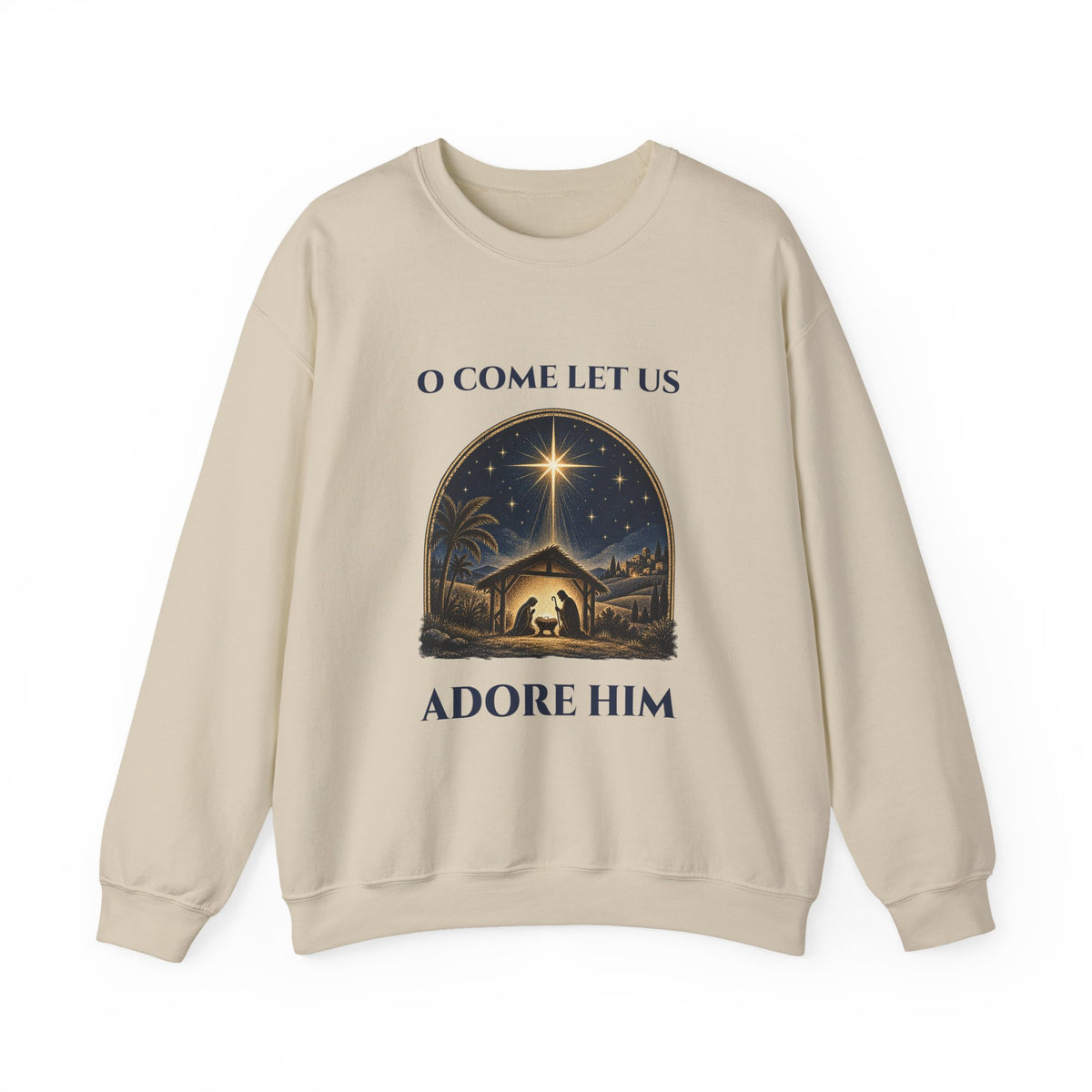 Sand O Come Let Us Adore Him sweatshirt with a vintage nativity scene under the star of Bethlehem, front view