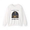 White O Come Let Us Adore Him sweatshirt with a vintage nativity scene under the star of Bethlehem, front view