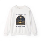 White O Come Let Us Adore Him sweatshirt with a vintage nativity scene under the star of Bethlehem, front view