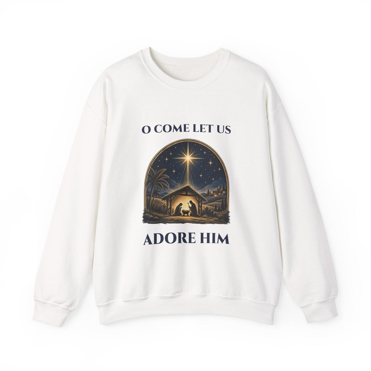 White O Come Let Us Adore Him sweatshirt with a vintage nativity scene under the star of Bethlehem, front view