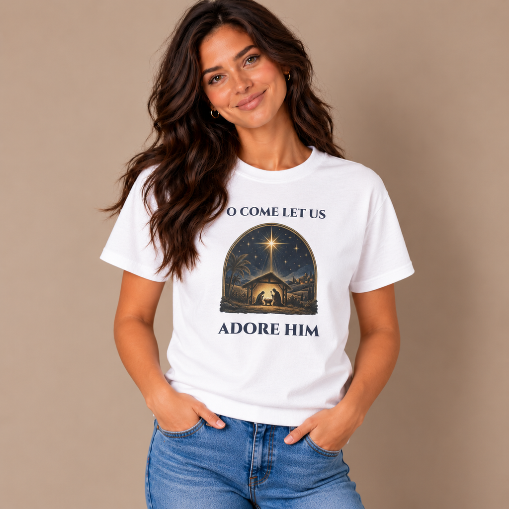 Woman wearing the White O Come Let Us Adore Him Christian Christmas T-Shirt with jeans