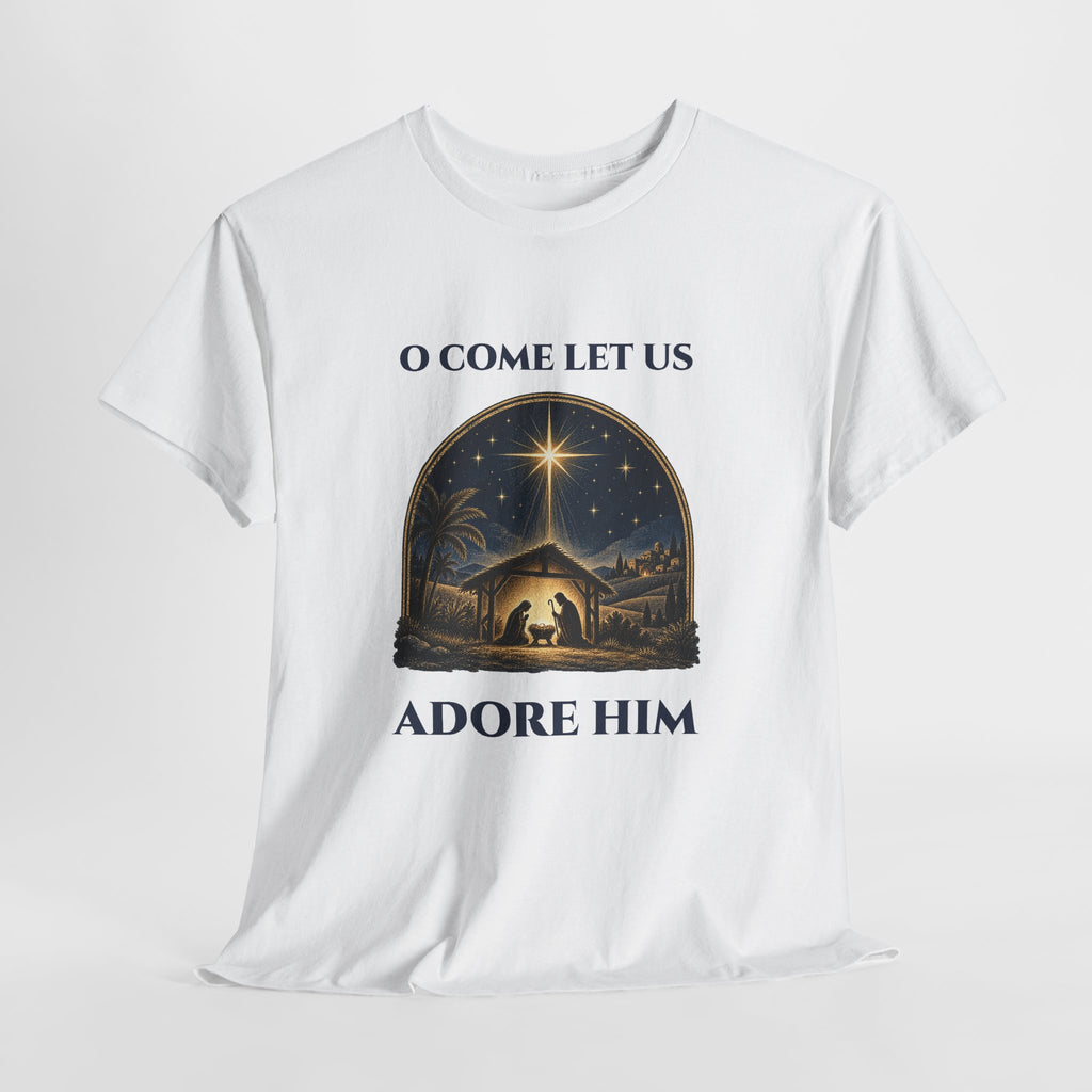 O Come Let Us Adore Him Christian Christmas T-Shirt, flat lay