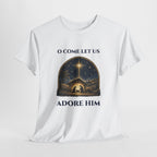 O Come Let Us Adore Him Christian Christmas T-Shirt, flat lay