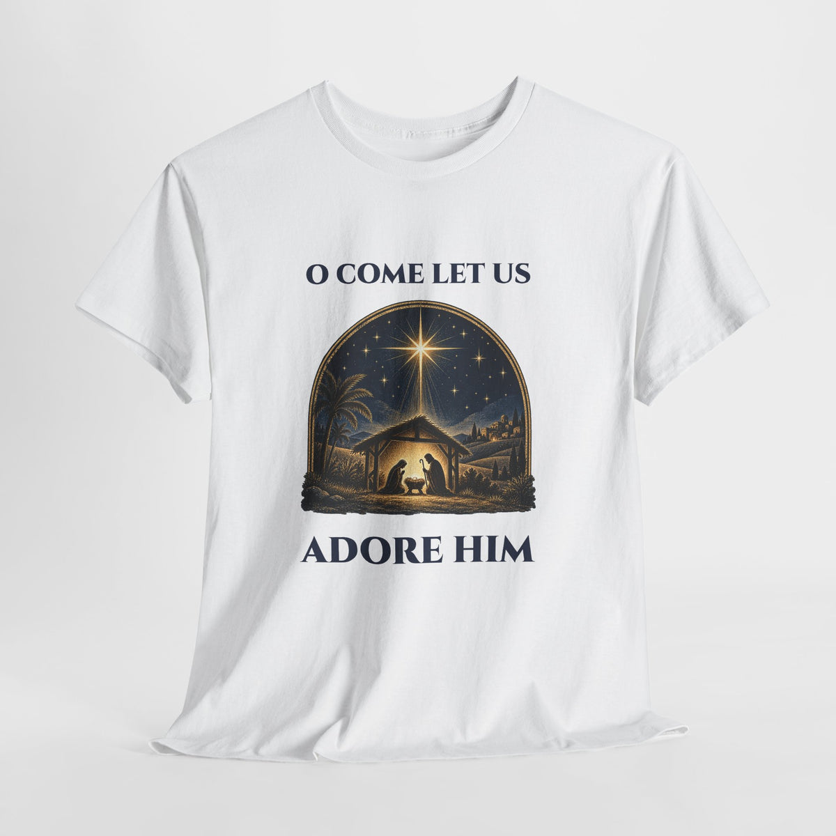 O Come Let Us Adore Him Christian Christmas T-Shirt, flat lay