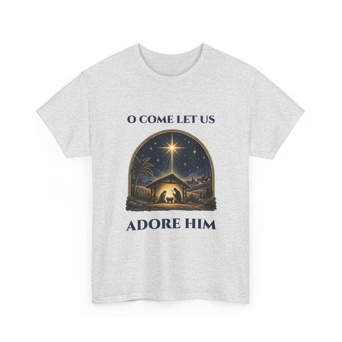 Ash O Come Let Us Adore Him t-shirt with a vintage nativity scene under the star of Bethlehem, front view