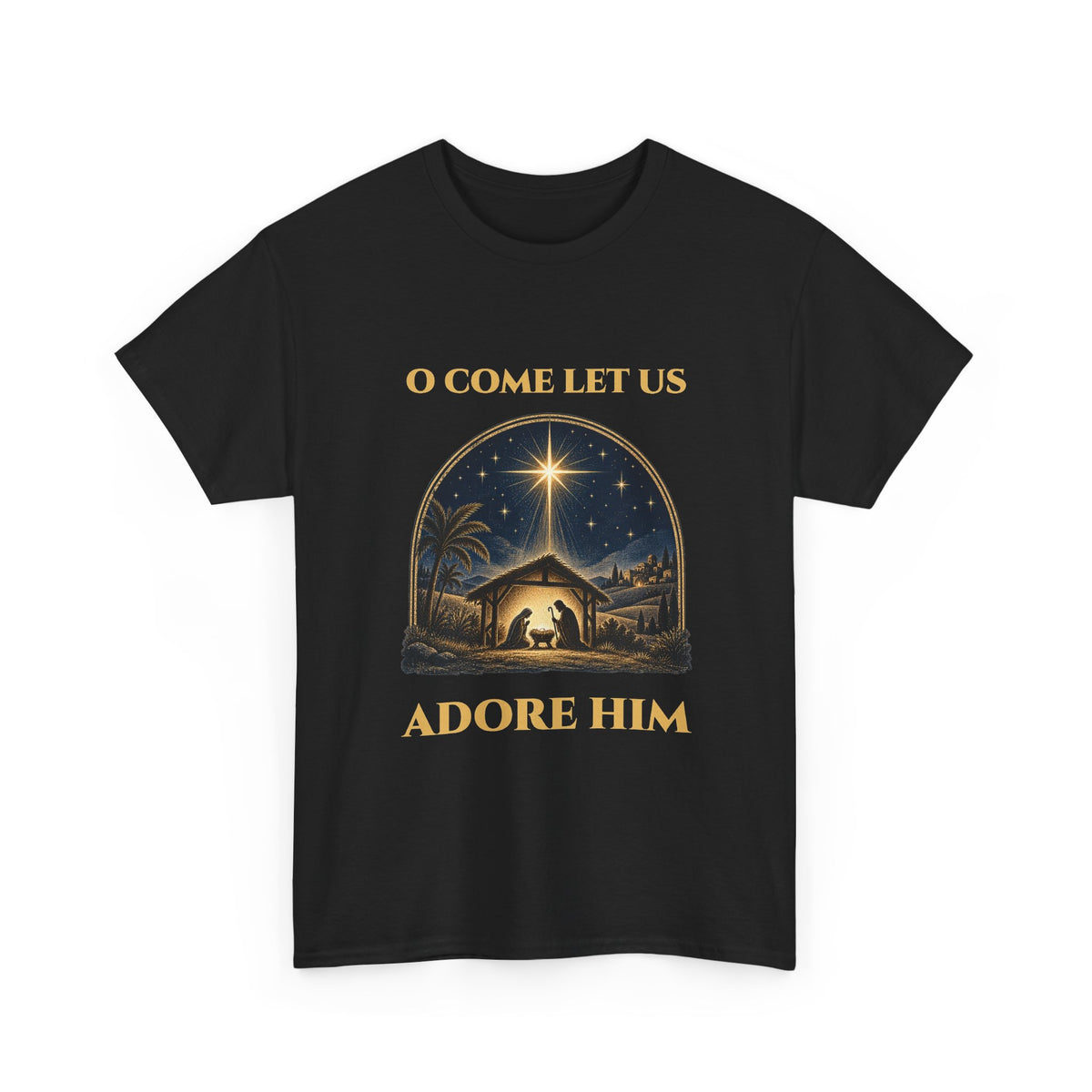 Black O Come Let Us Adore Him t-shirt with a vintage nativity scene under the star of Bethlehem, front view