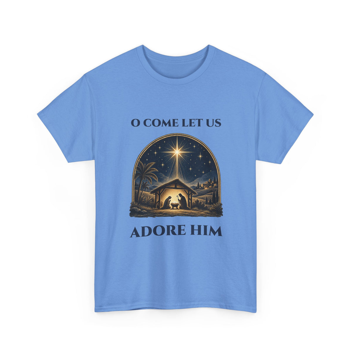 Carolina Blue O Come Let Us Adore Him t-shirt with a vintage nativity scene under the star of Bethlehem, front view