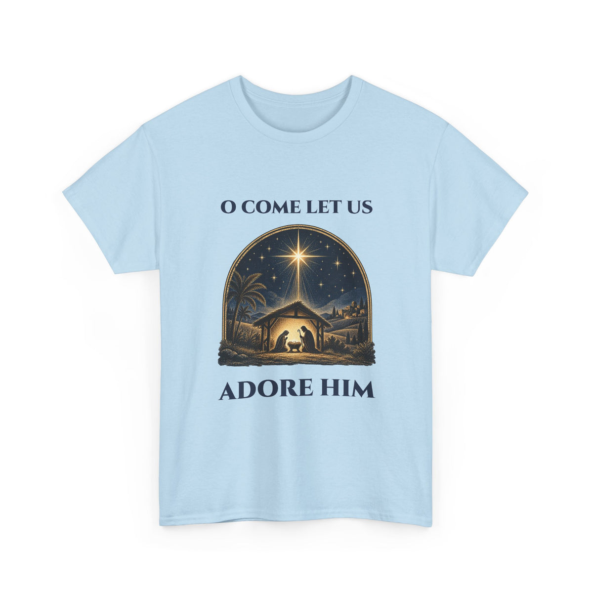 Light Blue O Come Let Us Adore Him t-shirt with a vintage nativity scene under the star of Bethlehem, front view