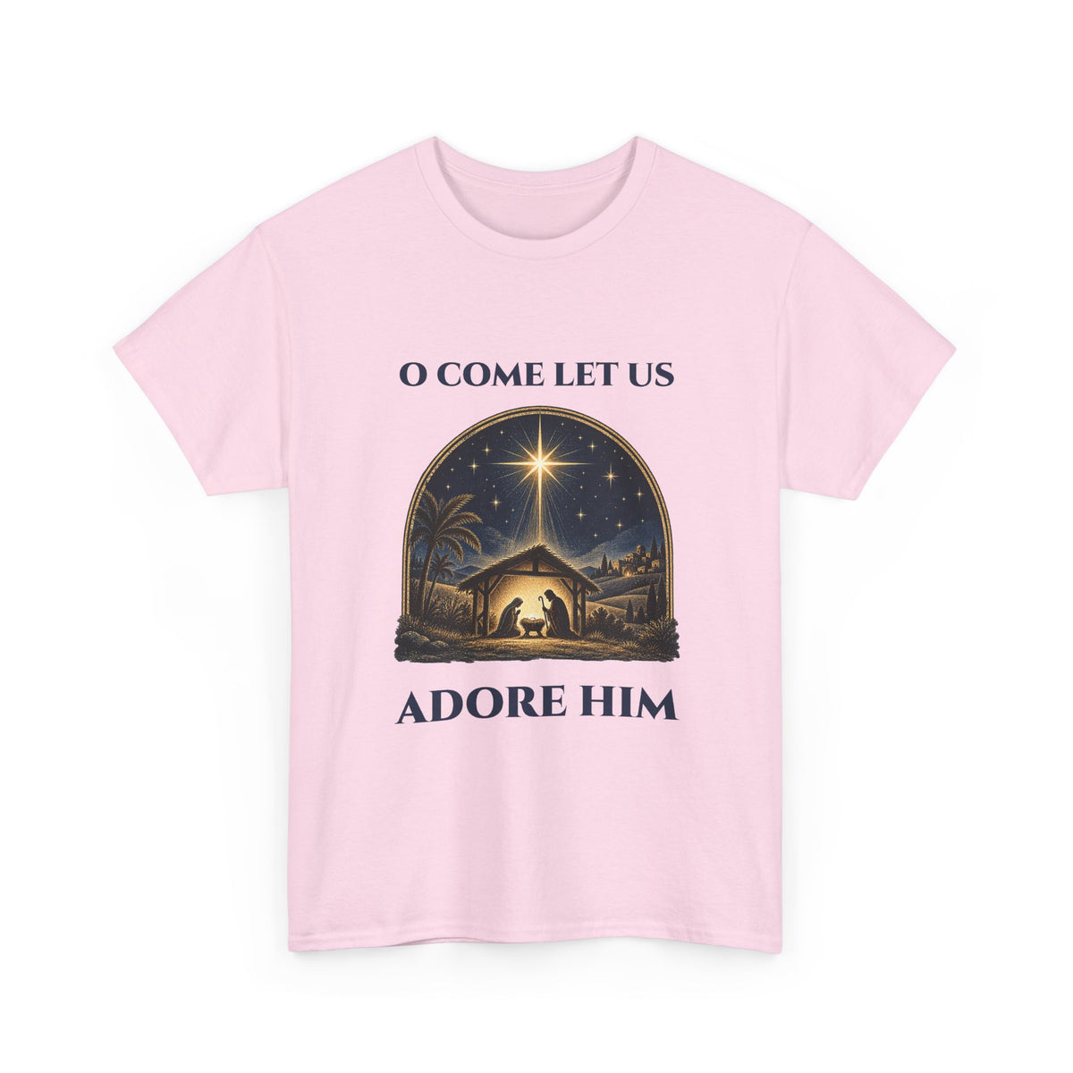 Light Pink O Come Let Us Adore Him t-shirt with a vintage nativity scene under the star of Bethlehem, front view