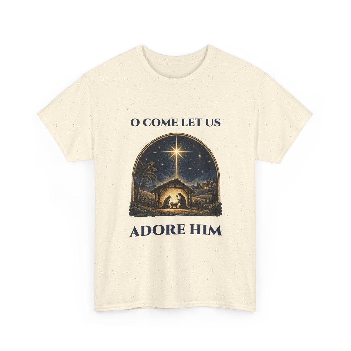 Natural O Come Let Us Adore Him t-shirt with a vintage nativity scene under the star of Bethlehem, front view