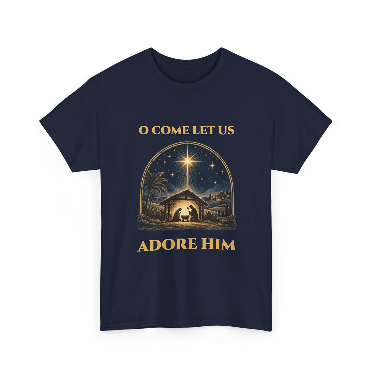 Navy O Come Let Us Adore Him t-shirt with a vintage nativity scene under the star of Bethlehem, front view