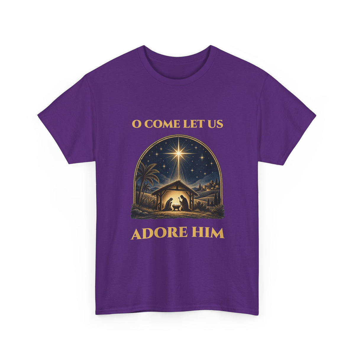 Purple O Come Let Us Adore Him t-shirt with a vintage nativity scene under the star of Bethlehem, front view