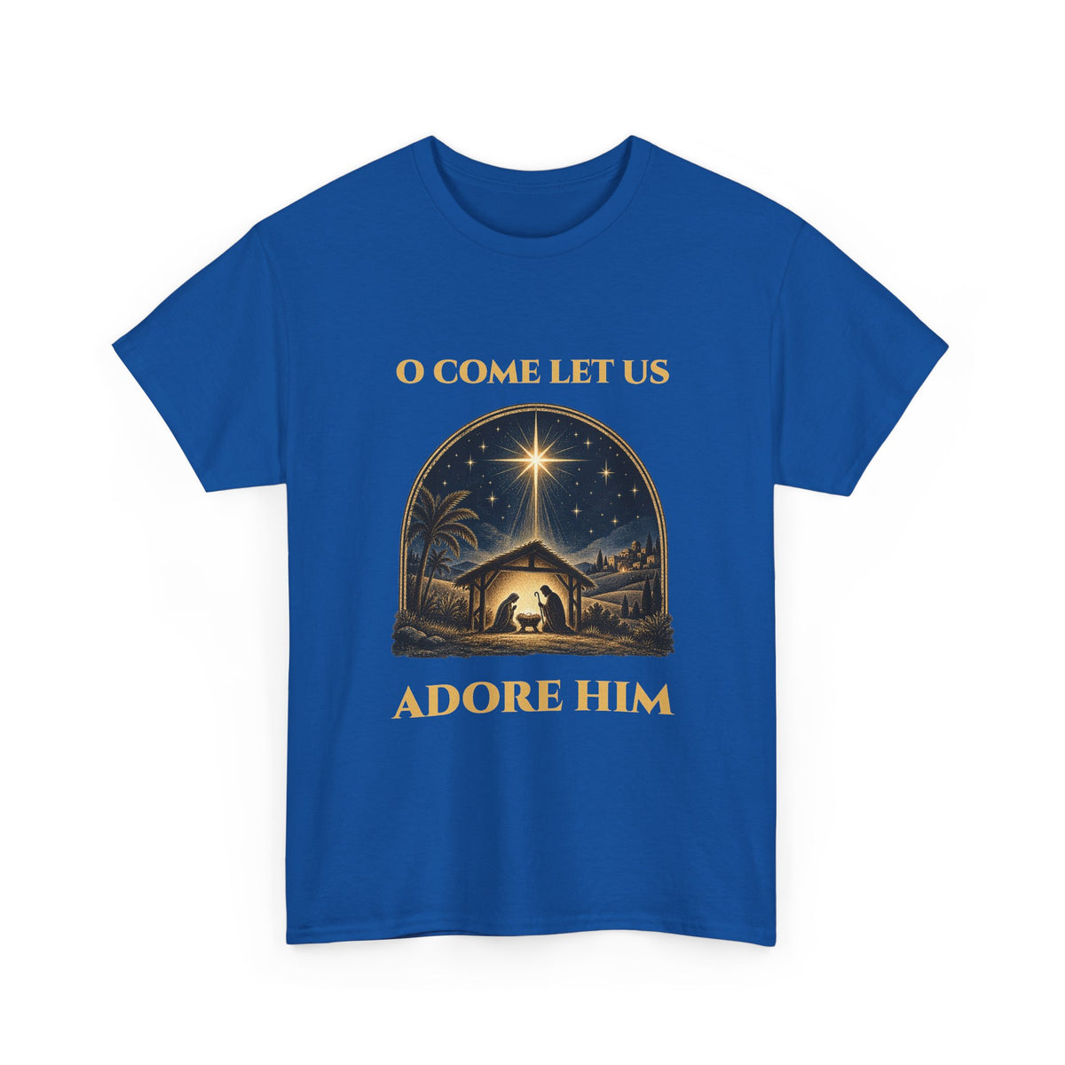 Royal O Come Let Us Adore Him t-shirt with a vintage nativity scene under the star of Bethlehem, front view