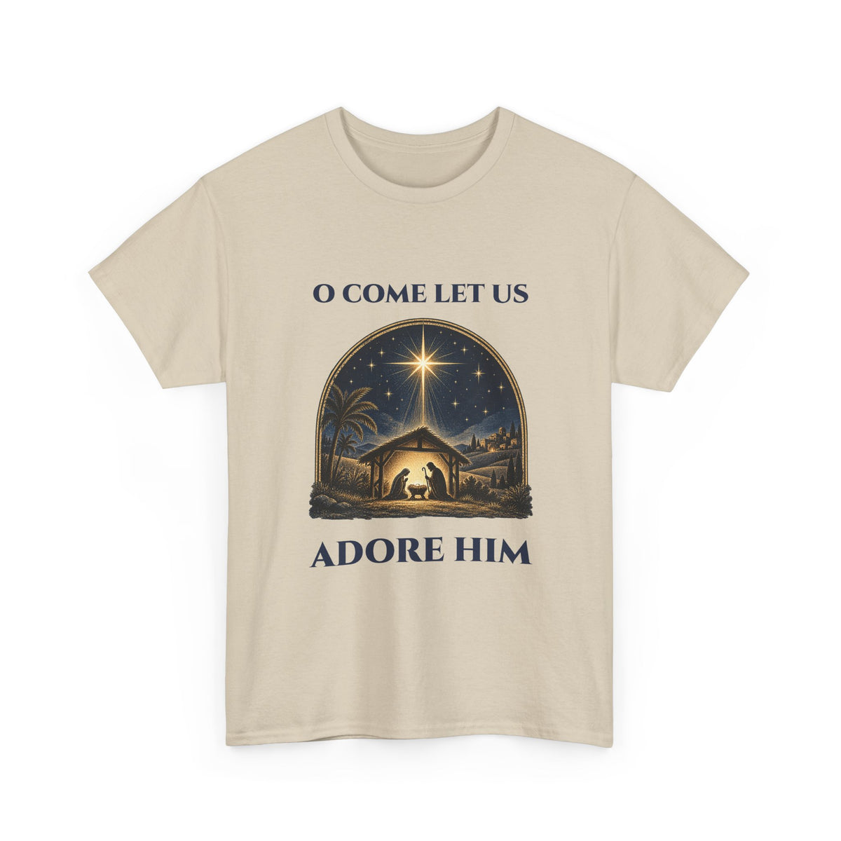Sand O Come Let Us Adore Him t-shirt with a vintage nativity scene under the star of Bethlehem, front view