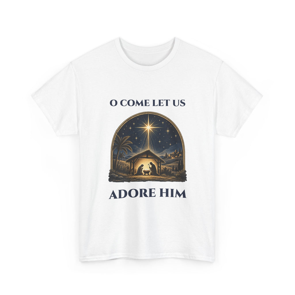 White O Come Let Us Adore Him t-shirt with a vintage nativity scene under the star of Bethlehem, front view