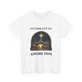 White O Come Let Us Adore Him t-shirt with a vintage nativity scene under the star of Bethlehem, front view