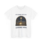 White O Come Let Us Adore Him t-shirt with a vintage nativity scene under the star of Bethlehem, front view