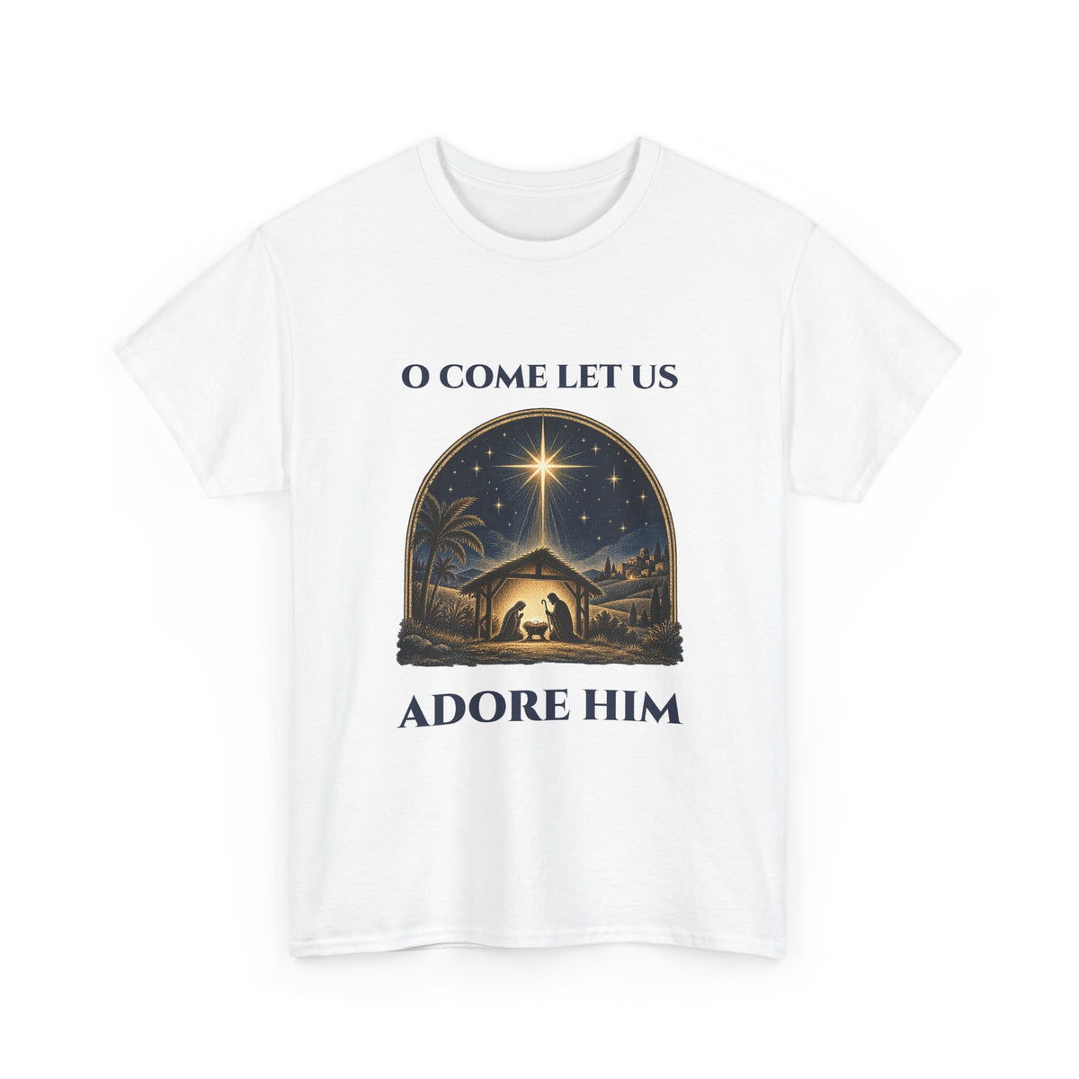 White O Come Let Us Adore Him t-shirt with a vintage nativity scene under the star of Bethlehem, front view