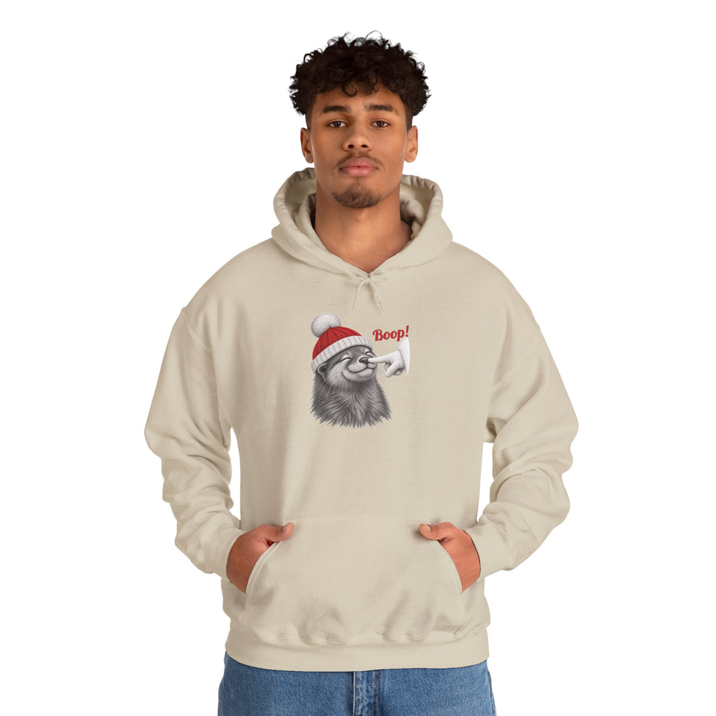 Model wearing the sand Otter Boop Christmas Hoodie