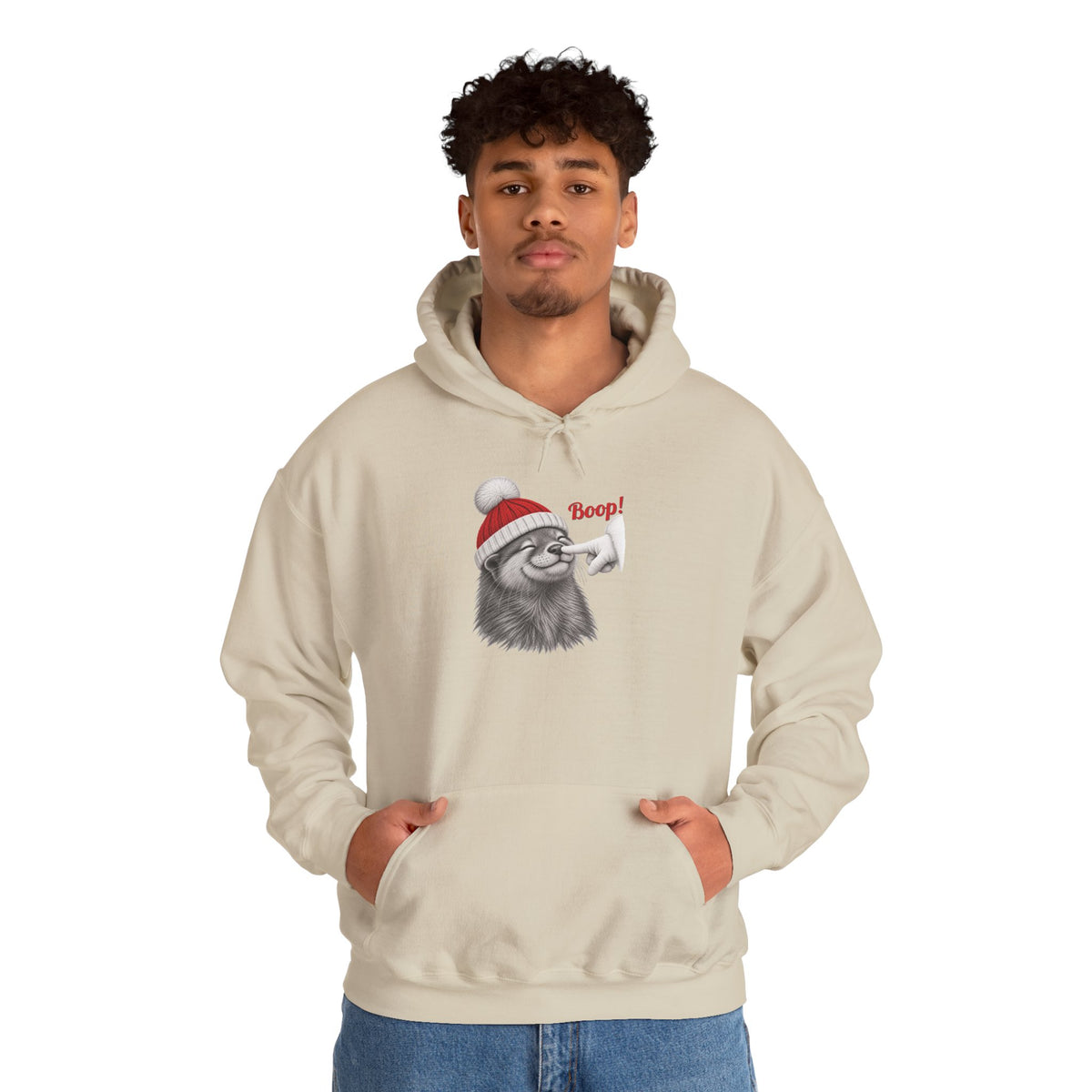 Model wearing the sand Otter Boop Christmas Hoodie