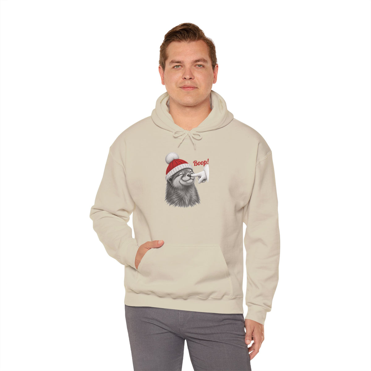 Model wearing the sand Otter Boop Christmas Hoodie