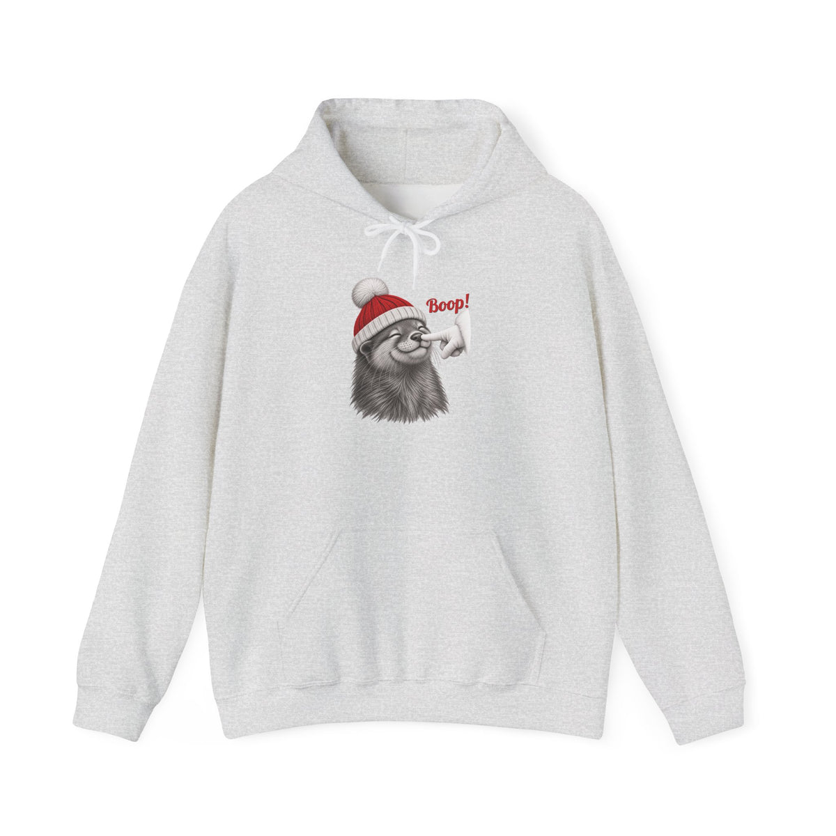 Ash Otter Boop Christmas hoodie with a smiling otter in a knit Santa beanie getting a nose boop, front view