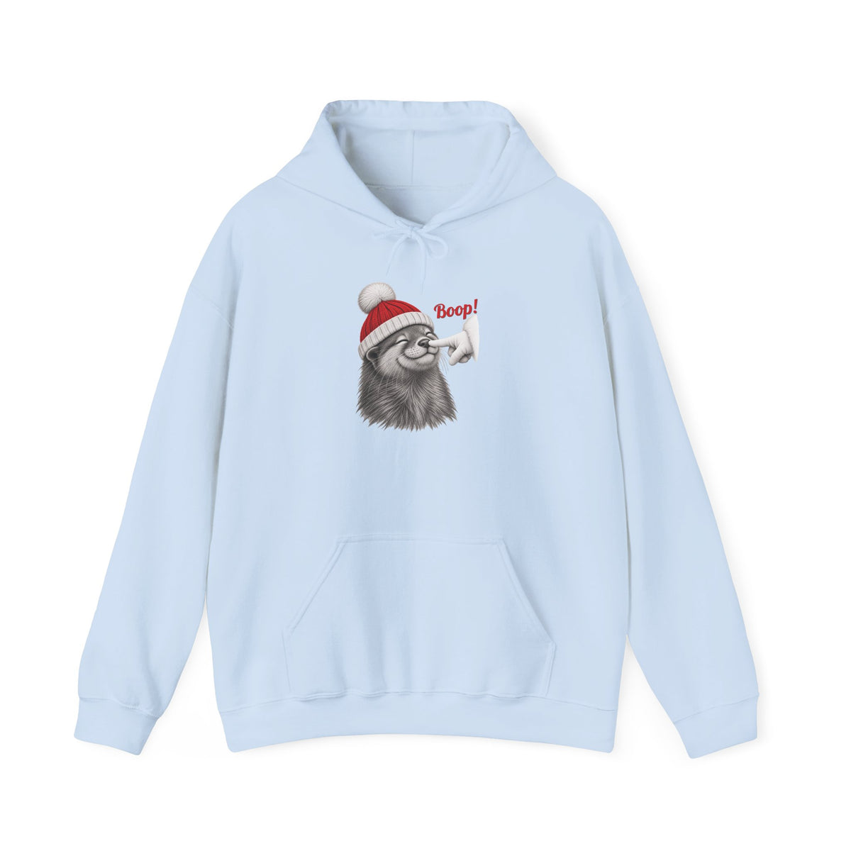 Light Blue Otter Boop Christmas hoodie with a smiling otter in a knit Santa beanie getting a nose boop, front view