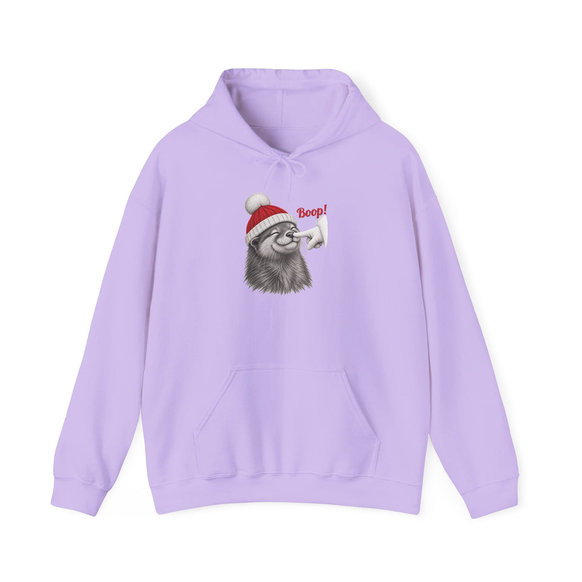 Orchid Otter Boop Christmas hoodie with a smiling otter in a knit Santa beanie getting a nose boop, front view