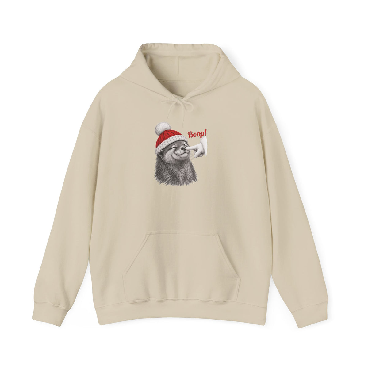 Sand Otter Boop Christmas hoodie with a smiling otter in a knit Santa beanie getting a nose boop, front view