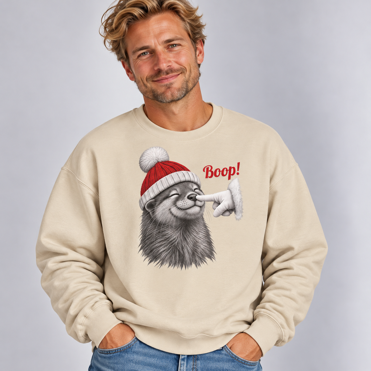 Man wearing the Sand Otter Boop Christmas Sweatshirt with jeans