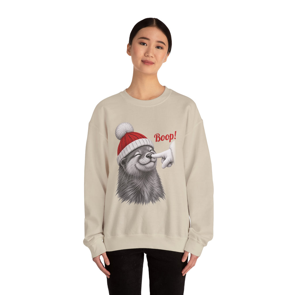 Model wearing the sand Otter Boop Christmas Sweatshirt