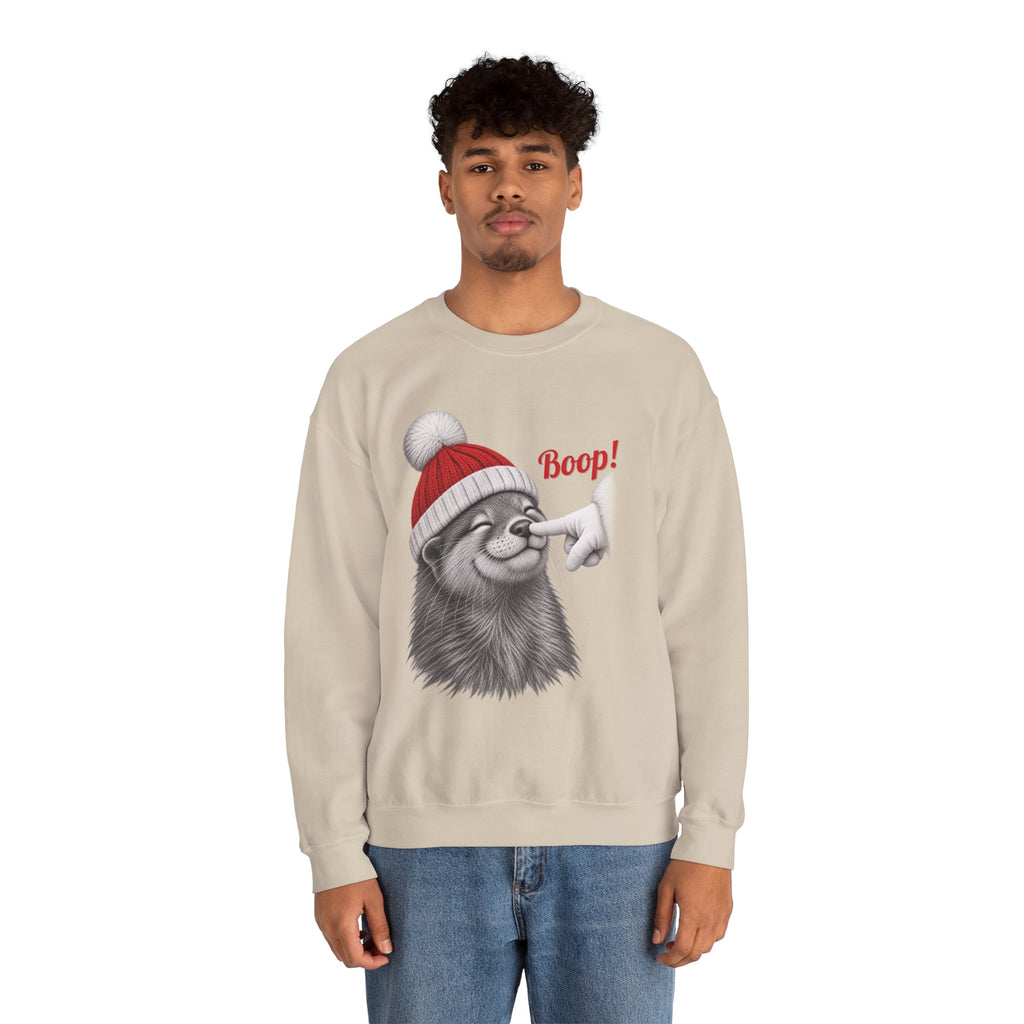 Model wearing the sand Otter Boop Christmas Sweatshirt
