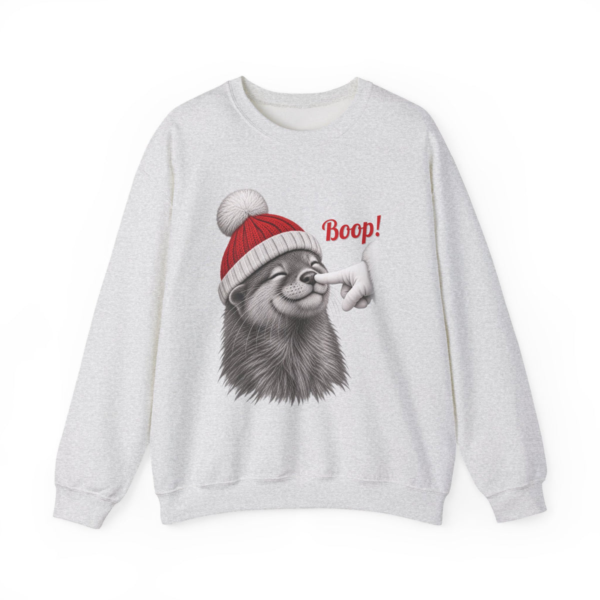 Ash Otter Boop Christmas sweatshirt with a smiling otter in a knit Santa beanie getting a nose boop, front view