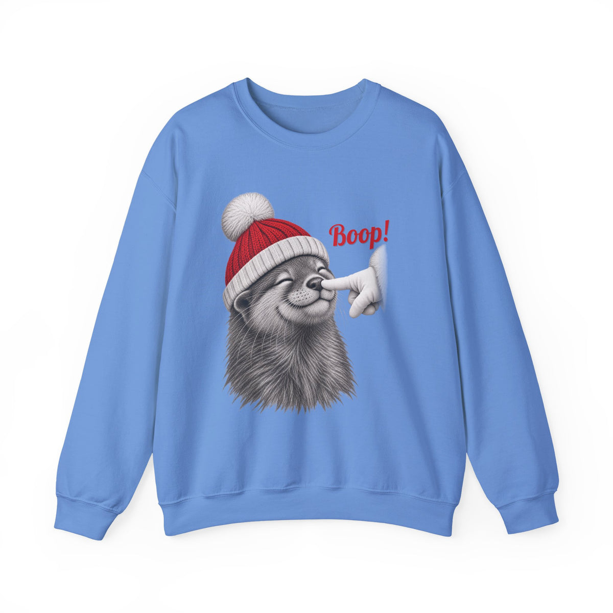 Carolina Blue Otter Boop Christmas sweatshirt with a smiling otter in a knit Santa beanie getting a nose boop, front view