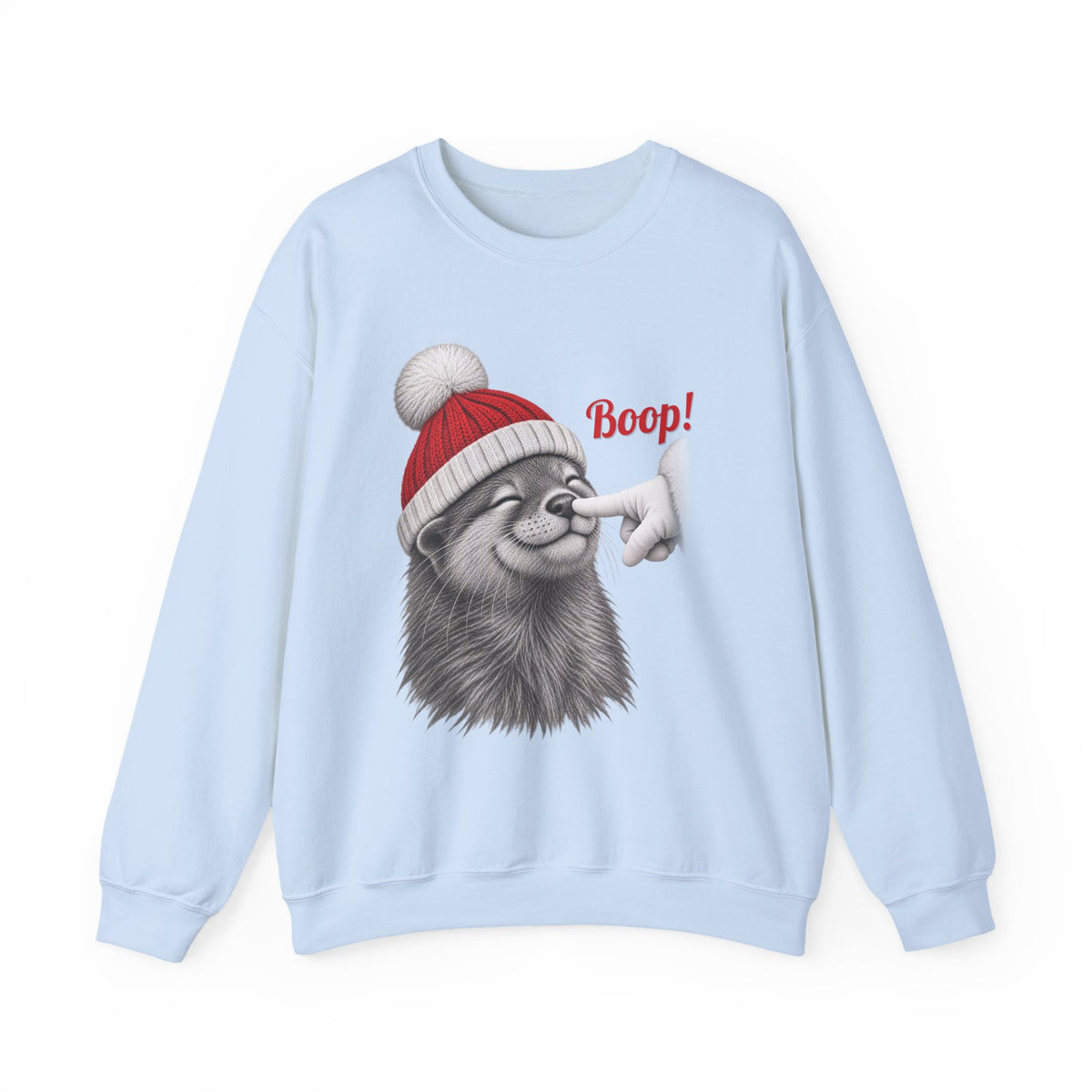 Light Blue Otter Boop Christmas sweatshirt with a smiling otter in a knit Santa beanie getting a nose boop, front view