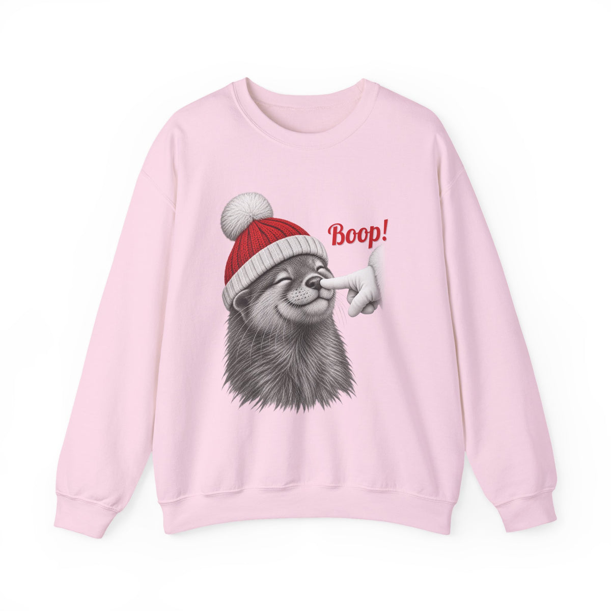 Light Pink Otter Boop Christmas sweatshirt with a smiling otter in a knit Santa beanie getting a nose boop, front view