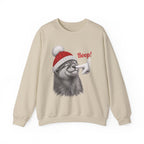 Sand Otter Boop Christmas sweatshirt with a smiling otter in a knit Santa beanie getting a nose boop, front view