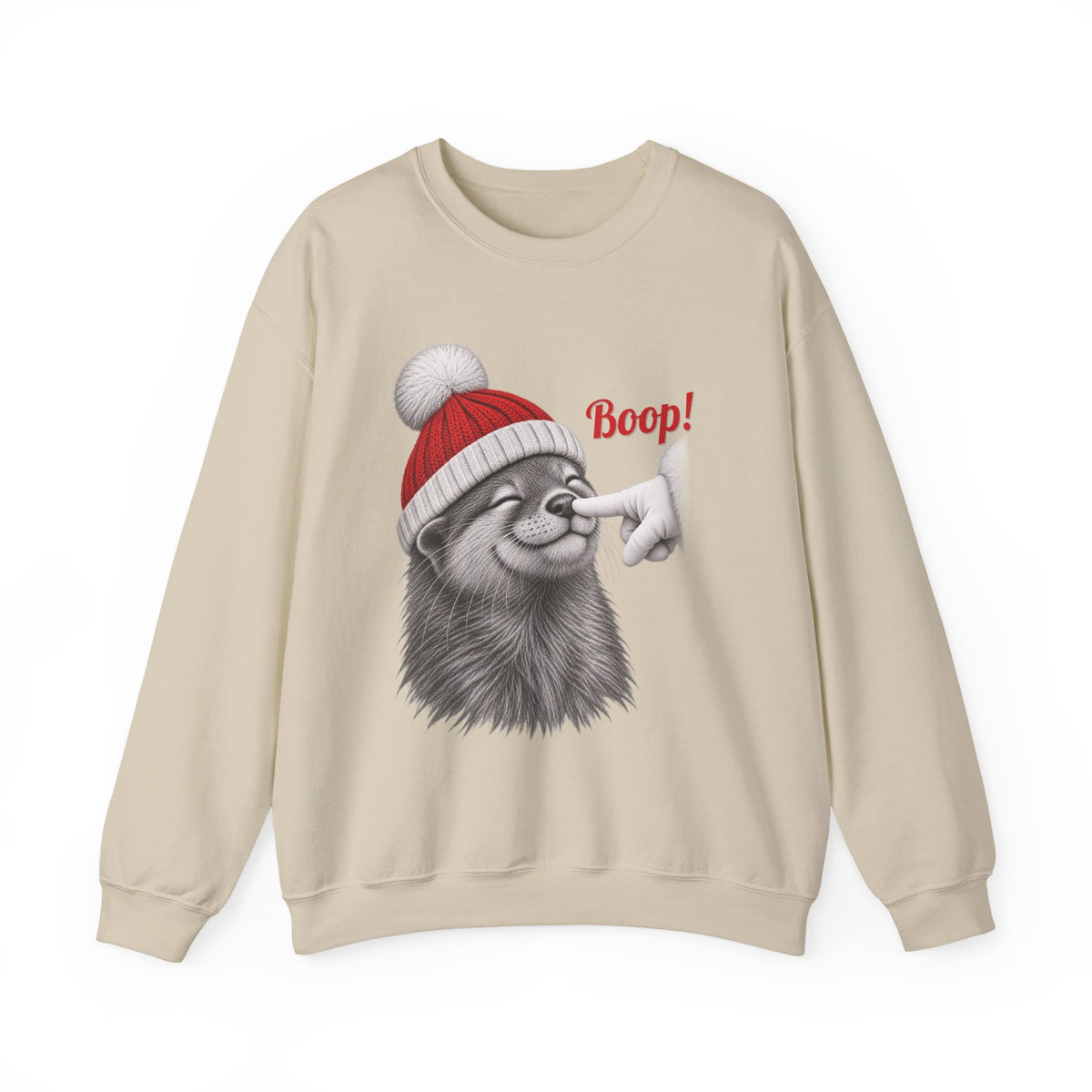 Sand Otter Boop Christmas sweatshirt with a smiling otter in a knit Santa beanie getting a nose boop, front view