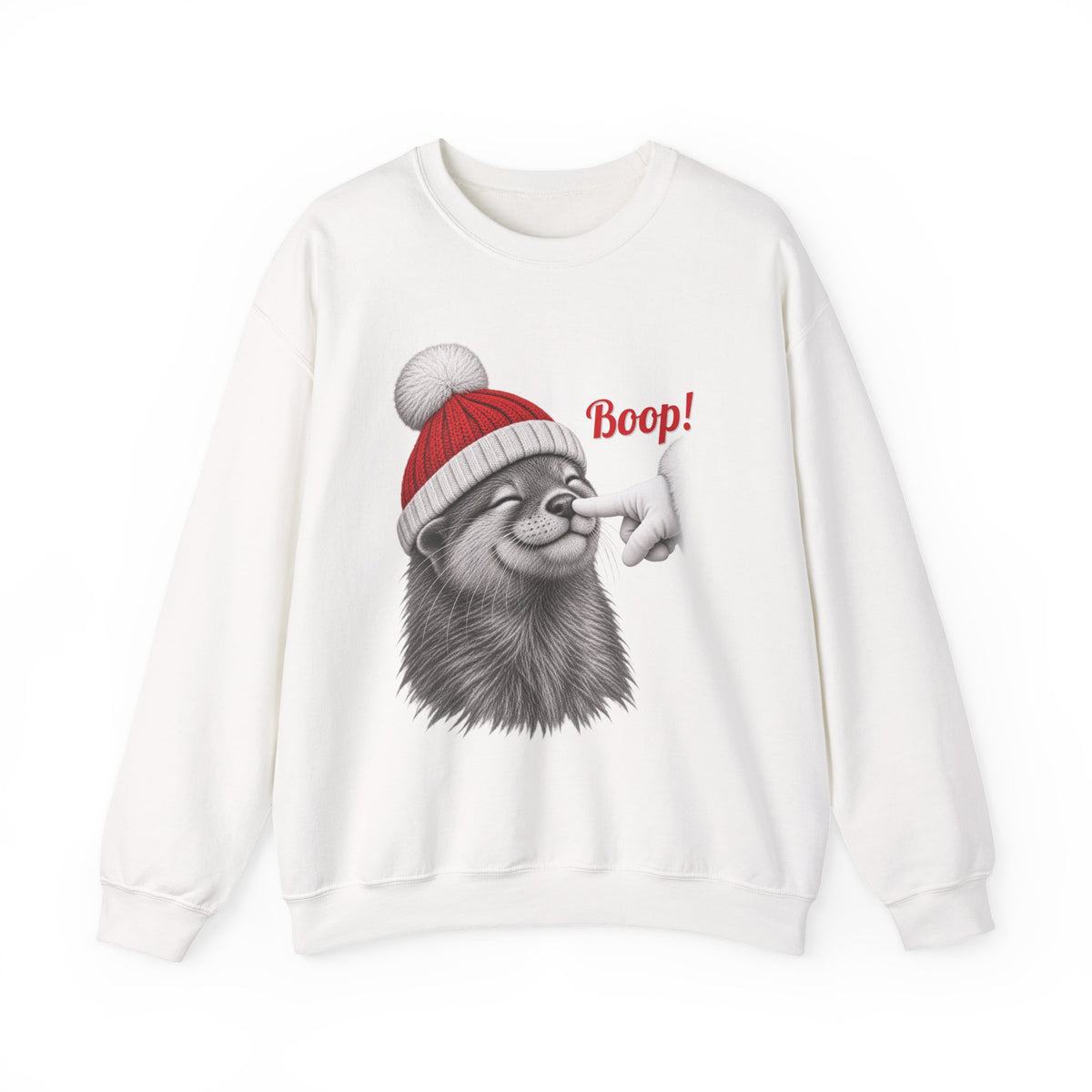 White Otter Boop Christmas sweatshirt with a smiling otter in a knit Santa beanie getting a nose boop, front view