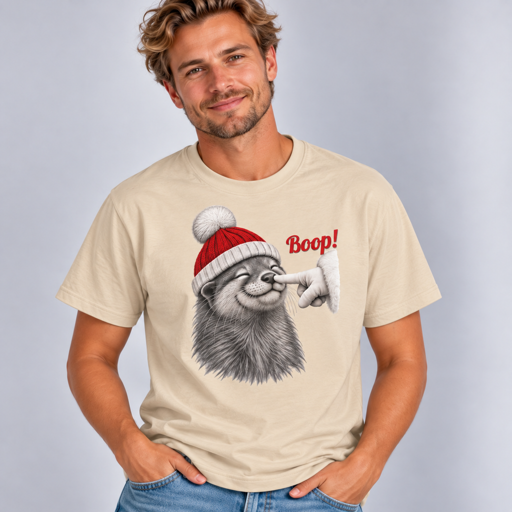Man wearing the Sand Otter Boop Christmas T-Shirt with jeans