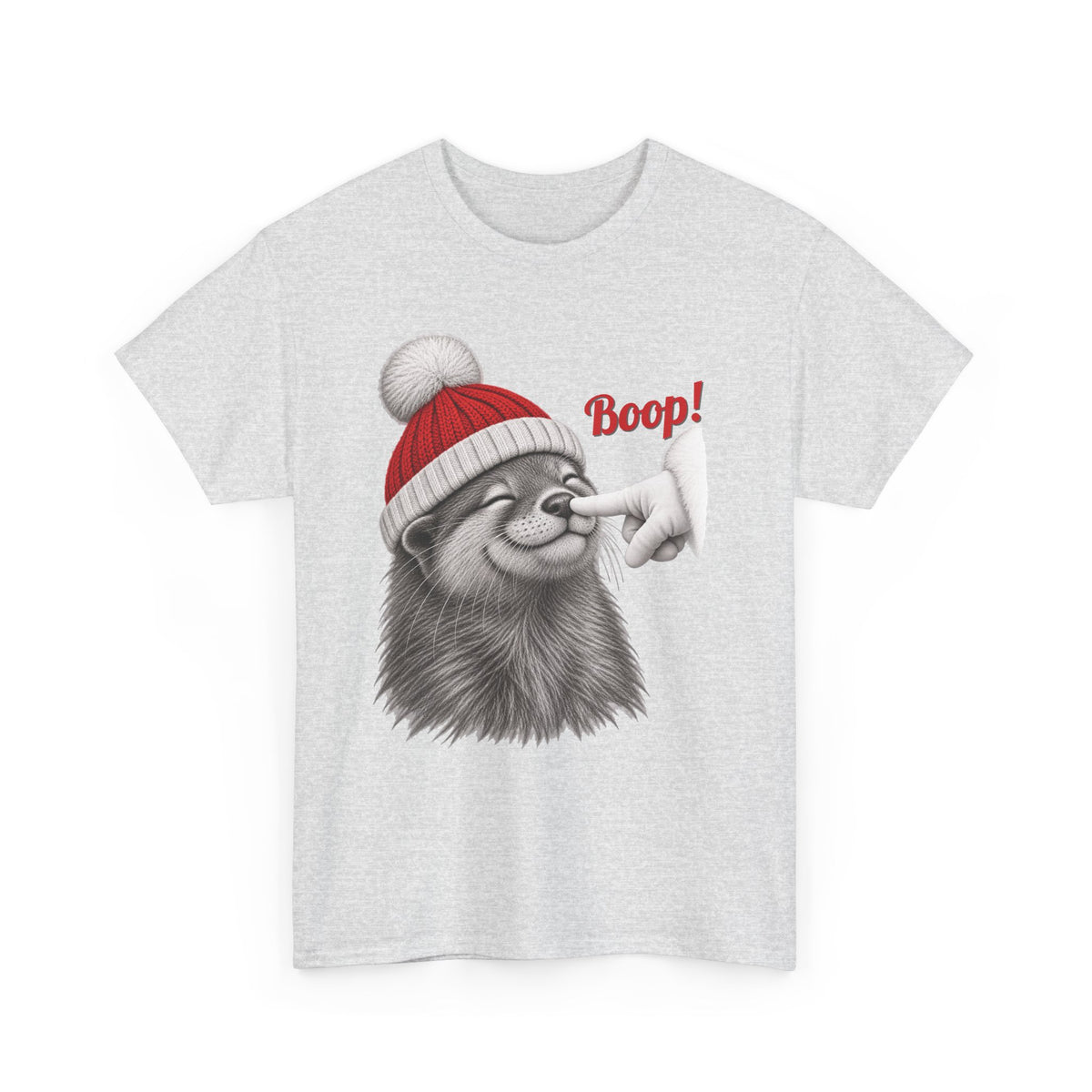Ash Otter Boop Christmas t-shirt with a smiling otter in a knit Santa beanie getting a nose boop, front view