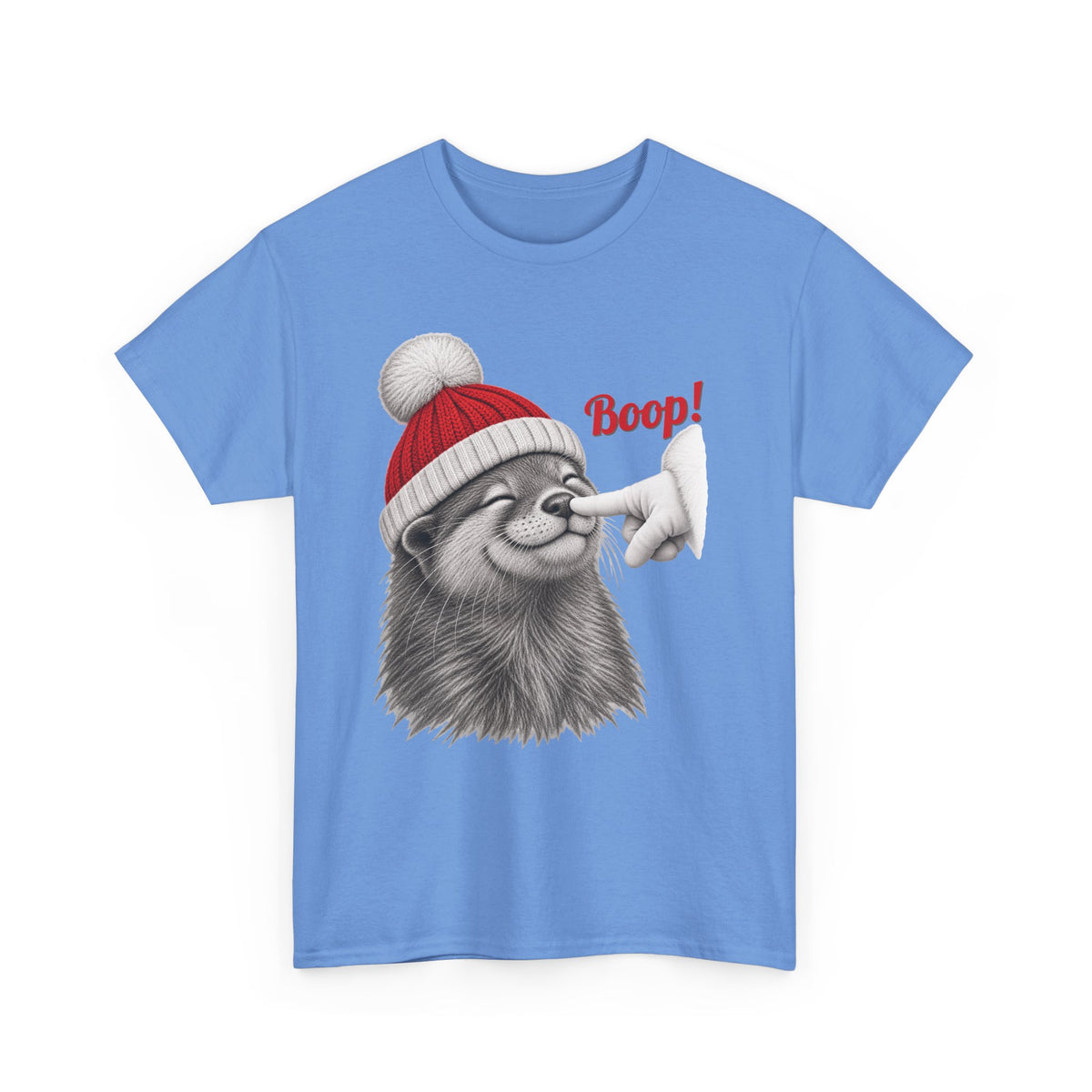 Carolina Blue Otter Boop Christmas t-shirt with a smiling otter in a knit Santa beanie getting a nose boop, front view