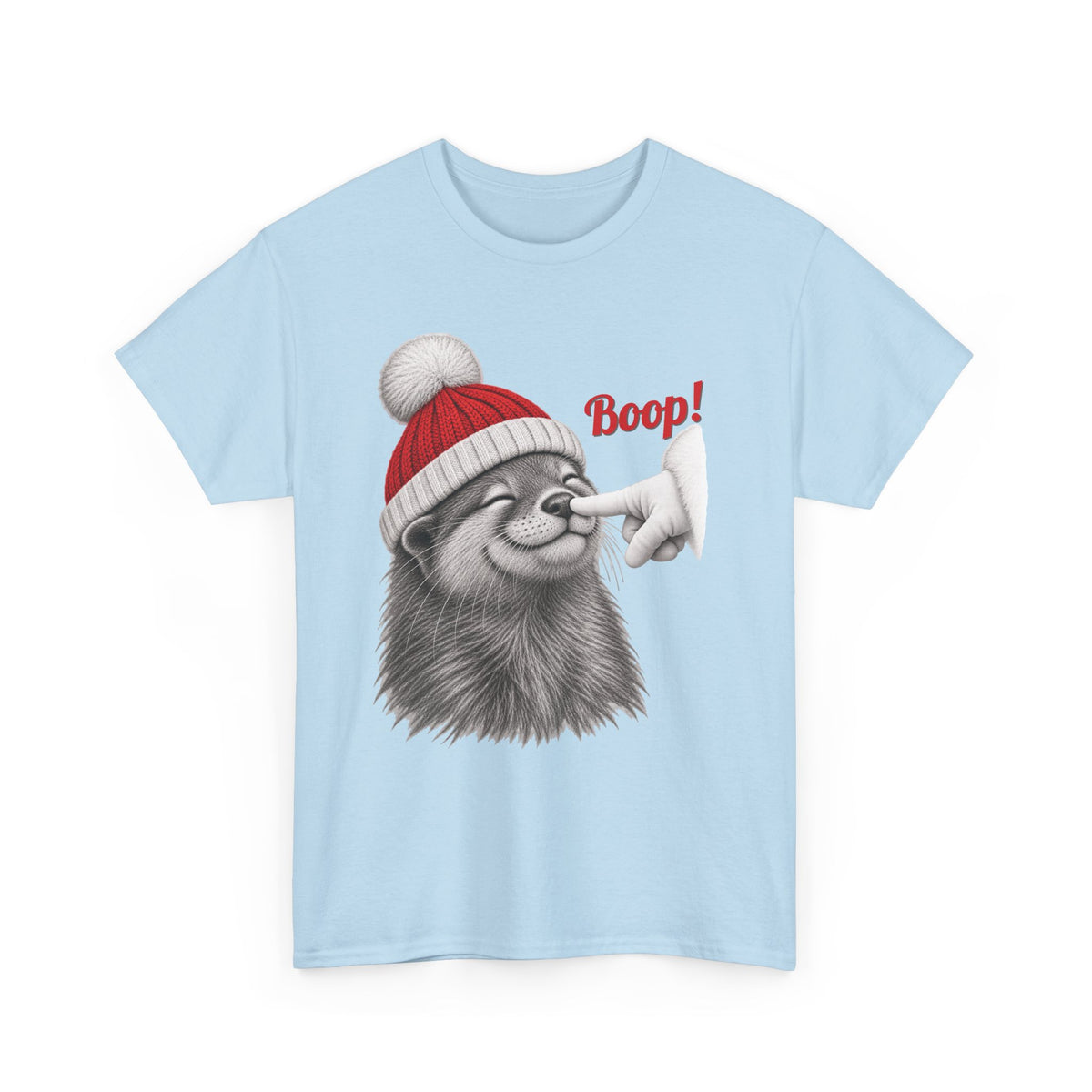 Light Blue Otter Boop Christmas t-shirt with a smiling otter in a knit Santa beanie getting a nose boop, front view