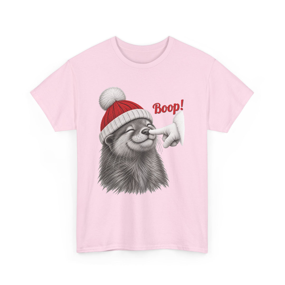 Light Pink Otter Boop Christmas t-shirt with a smiling otter in a knit Santa beanie getting a nose boop, front view