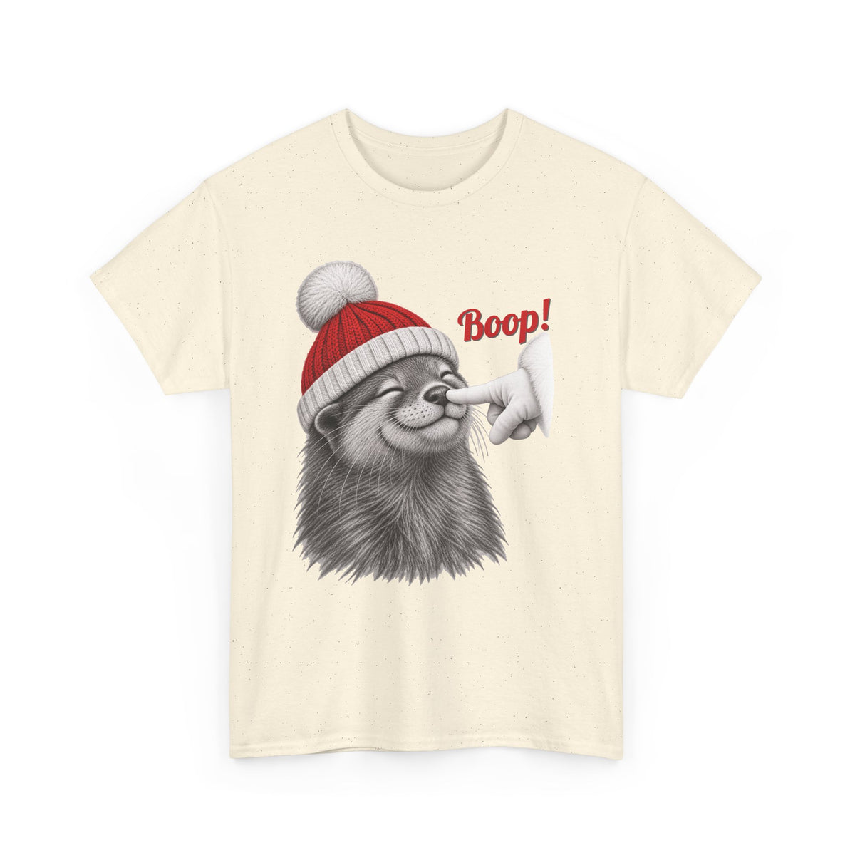 Natural Otter Boop Christmas t-shirt with a smiling otter in a knit Santa beanie getting a nose boop, front view