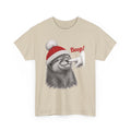 Sand Otter Boop Christmas t-shirt with a smiling otter in a knit Santa beanie getting a nose boop, front view
